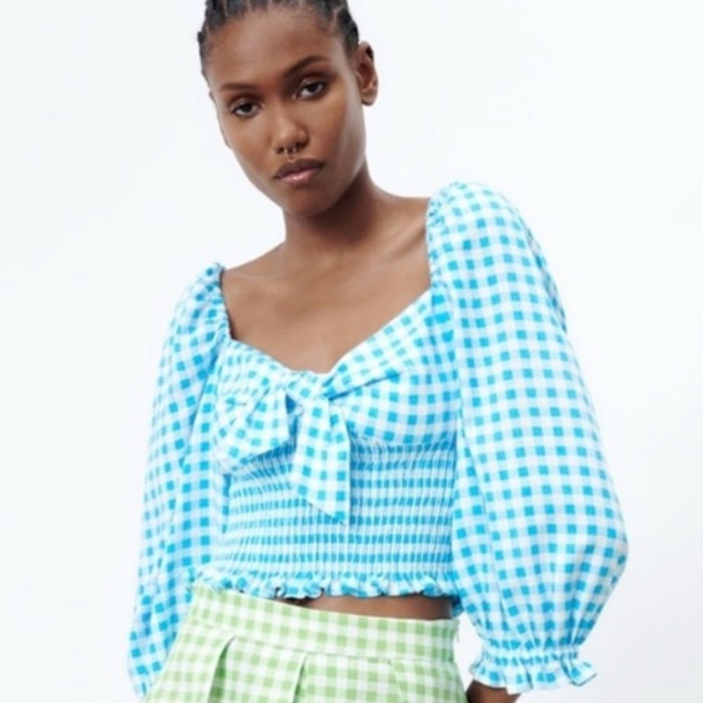 Zara Gingham Checked Blue White Crop Tie Top Small NEW NWT Summer Feminine